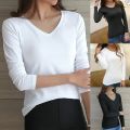 2022 Black White Ladies Long-Sleeve T-Shirt Korean V Neck Slim Stretch Casual Bottoming Shirt Solid Color Women Girls Top.