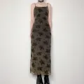 Elegant Floral Print Lace Mesh Maxi Dresses for Women Y2K Goth Vintage Bodycon Long Slip Dress Grunge Fairycore Party Dress. 