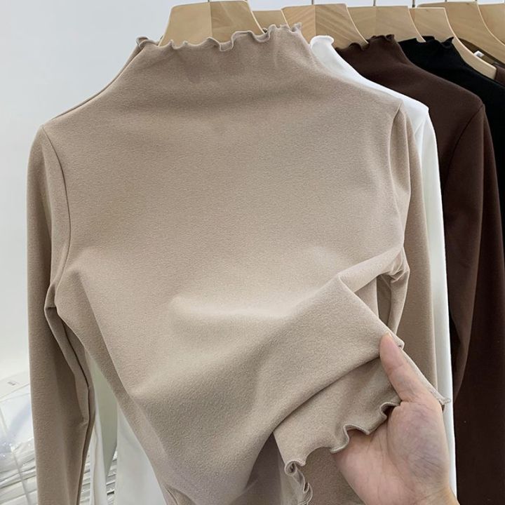 Oversize women's clothing 300 Jin Fat MM Autumn and Winter Long-Sleeved Inner Top De Velvet Half Turtleneck Wooden Ear Bottoming Shirt for Women 2