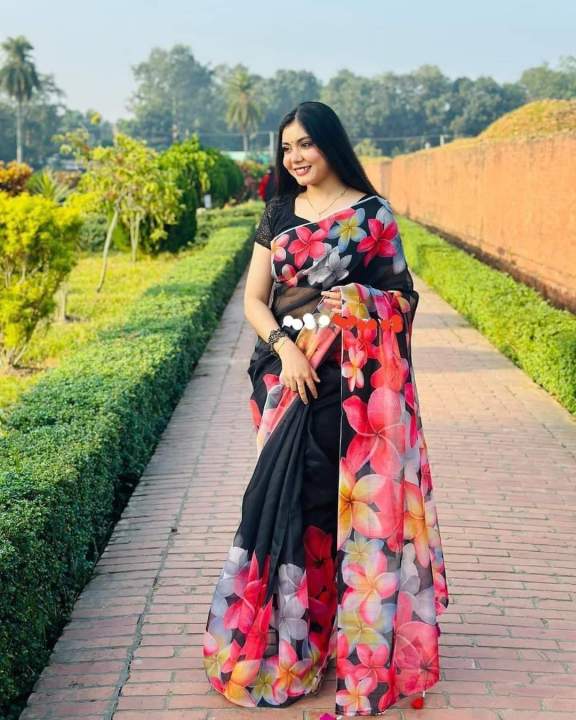New Exclusive Design Black Color Chandini Soft Silk Digital Print Saree for women