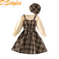 DSstyles Girls Plaid Overall Dress Sets Cute Belted Ruffle A-Line Dresses Kids Spring Long Sleeved Patchwork Princess Skirts. 