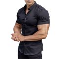 Canis-Men Casual Shirt, Solid Color Short Sleeve Lapel Neck Slim Fit Button-Down Leisure Tops. 