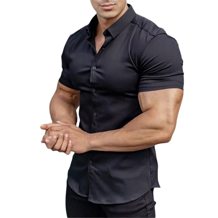 Canis-Men%20Casual%20Shirt,%20Solid%20Color%20Short%20Sleeve%20Lapel%20Neck%20Slim%20Fit%20Button-Down%20Leisure%20Tops%20-%20Image%204