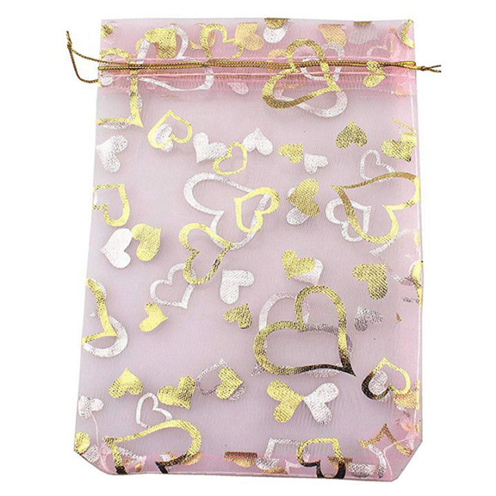 200 PCS 9X12cm Heart Printed Pink Organza Bags Jewelry Pouch Bags