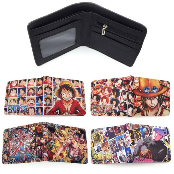Anime One Piece PU Wallet for Women Men Cartoon Zoro Luffy Ace Figures Purse Foldable Wallet Card Holder Children Gift