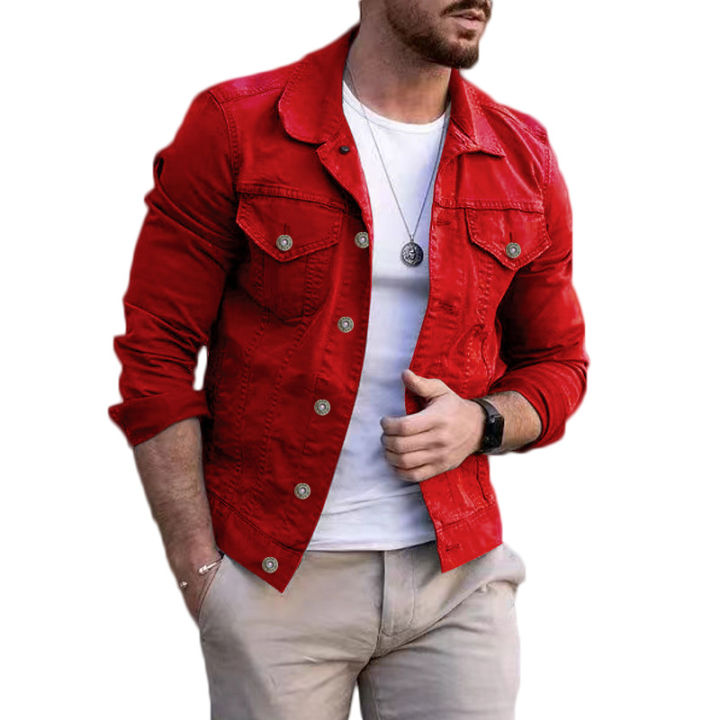 Men's Jacket 2023 New Mens Denim Jacket Slim Fit Fashion Casual Pocket Jacket Coat Men Handsome Spring Autumn Classic Red Coat