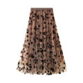 2021 Women Tutu Tulle Skirts, Elastic High Waist Floral Print Mesh Overlay Layered A Line Midi Skirt. 