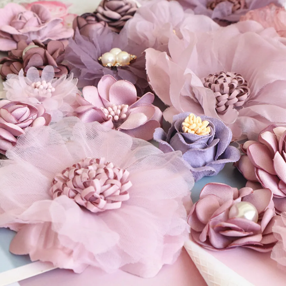 10Pcs Purple Series Satin Chiffon Fabric Artificial Flowers For