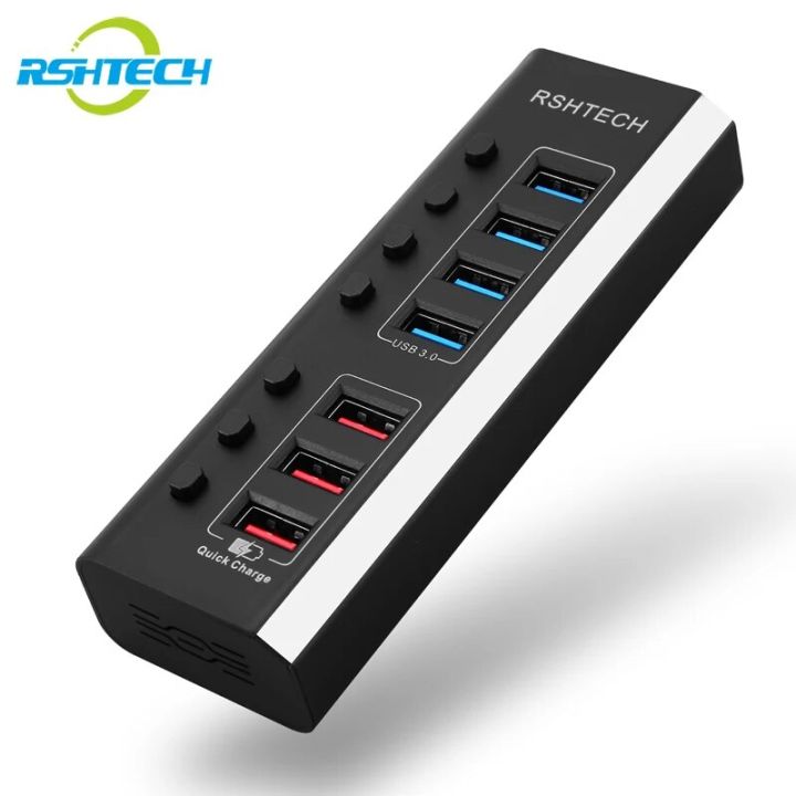 RSHTECH USB Hub Multi USB Splitter 7Ports Multiple Expander 3.0 Hub 5Gbps Data Transfer QC3.0 36W Individual On/Off Switches