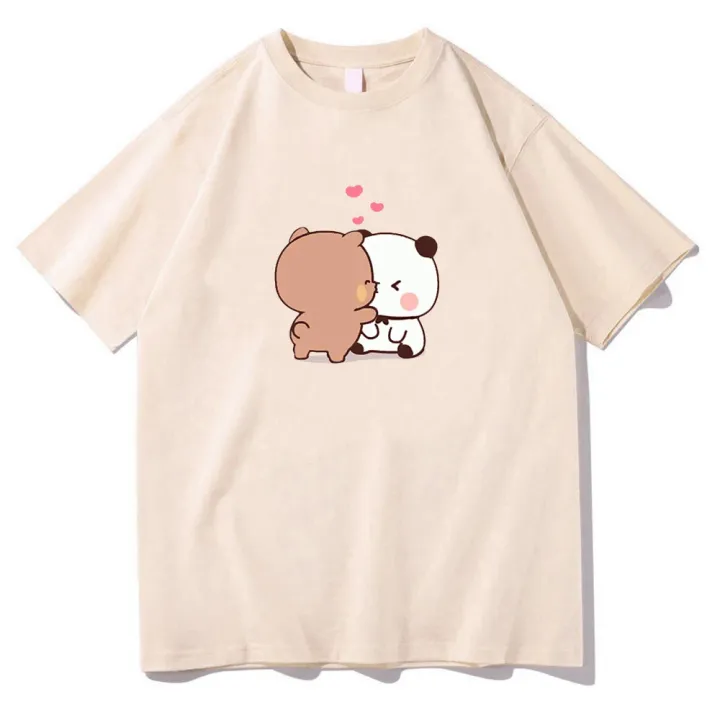 Panda Bear Bubu and Dudu They're Kissing T-shirts Women Cartoon T Shirts 100% Cotton High Quality Summer High Street Casual Tees