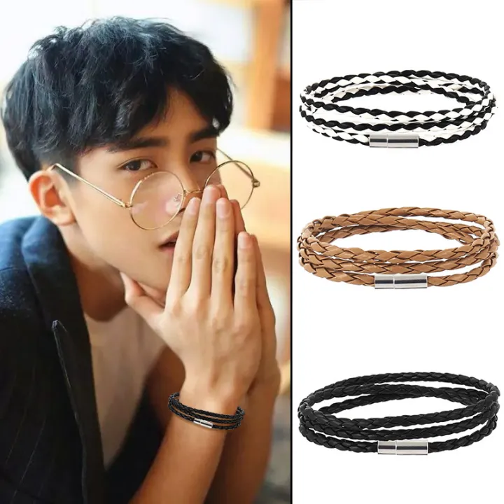 PU%20Leather%20Bracelet%20Black%20Silver%20Men's%20Unisex%20-%20Image%202