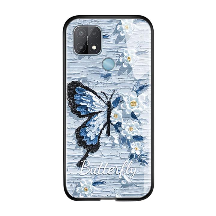 TA for OPPO A15 A15S A35 Back Cover Luxury Oil Painting Butterfly Tempered Glass Phone Case for Gril