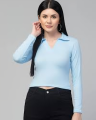 Ladies Collar Long Sleeve Ribbed Crop Top Blouse, Casual Fit, Stylish Slim Wear. 