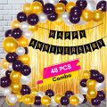 Golden Jubilee Anniversary Combo: 48-Piece Combo with Golden Curtains, Metallic Balloons in Golden, Black & White, and a Striking Black Happy Anniversary Card Banner. 
