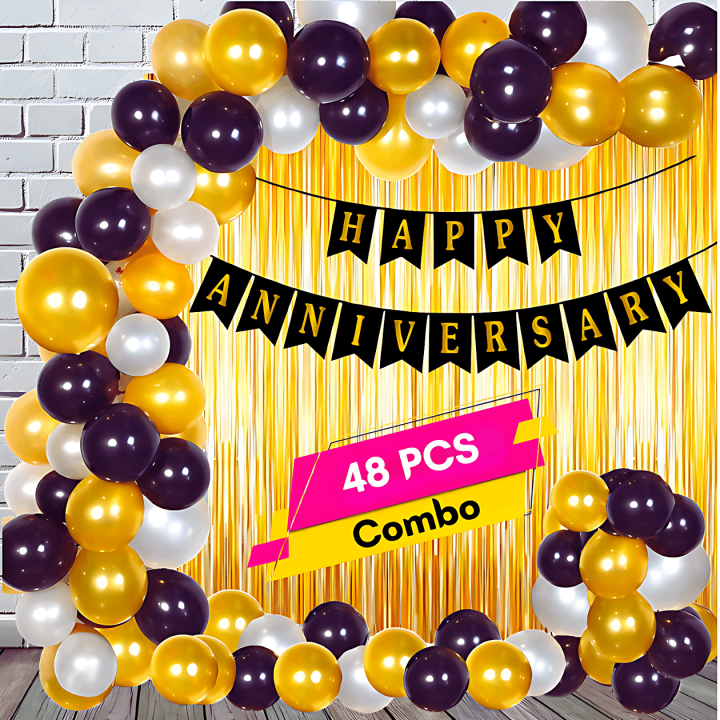 Golden Jubilee Anniversary Combo: 48-Piece Combo with Golden Curtains, Metallic Balloons in Golden, Black & White, and a Striking Black Happy Anniversary Card Banner