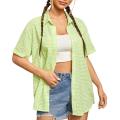 Jumperjuser-Women's Casual Blouse, Turn-Down Collar Short Sleeve Plaid Printed Cardigan Loose Button-Down Shirt.