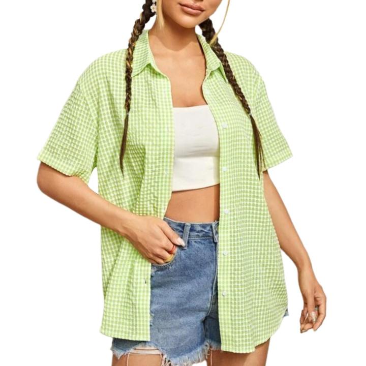 Jumperjuser-Women's Casual Blouse, Turn-Down Collar Short Sleeve Plaid Printed Cardigan Loose Button-Down Shirt
