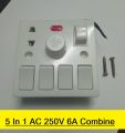 Universal 5 In 1 AC 250V 6A Combine 4 Pcs Gang Switch + Fan Dimmer Regulator + 2 Pin Socket and LED Indicator + Fuse Combine Wall Gang Switch Box. 