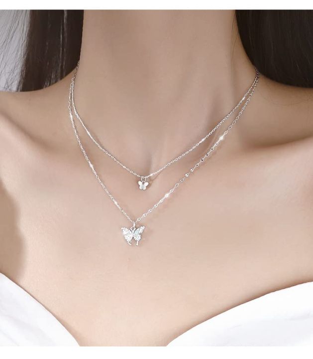 Korean%20Shiny%20Double%20Layer%20Butterfly%20Necklace%20for%20Women,%20Rhinestone%20Clavicle%20Chain,%20Elegant%20Wedding%20Jewelry%20-%20Image%2010