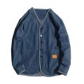 Japan Style Amekaji V-Neck Single Breasted Men Denim Jacket 2023 Spring Mens Vintage Jean Jackets. 