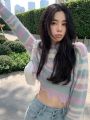 KOSAHIKI 2023 Korean Fashion Loose Thin Knitted Pullover Women Rainbow Striped Cropped Sweater Ripped Y2k Harajuku Streetwear.