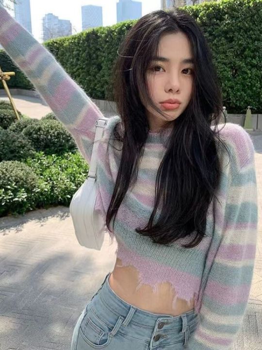 KOSAHIKI%202023%20Korean%20Fashion%20Loose%20Thin%20Knitted%20Pullover%20Women%20Rainbow%20Striped%20Cropped%20Sweater%20Ripped%20Y2k%20Harajuku%20Streetwear%20-%20Image%204