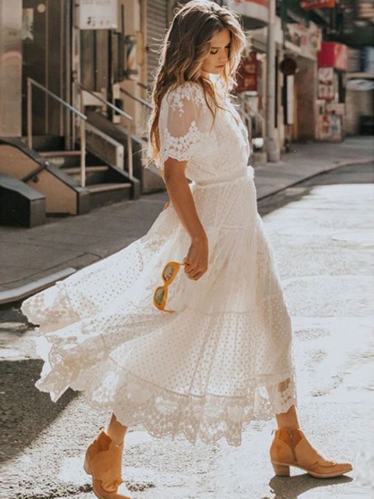 White Lace Dress Women Elegant Hollow Patchwork Dress Summer