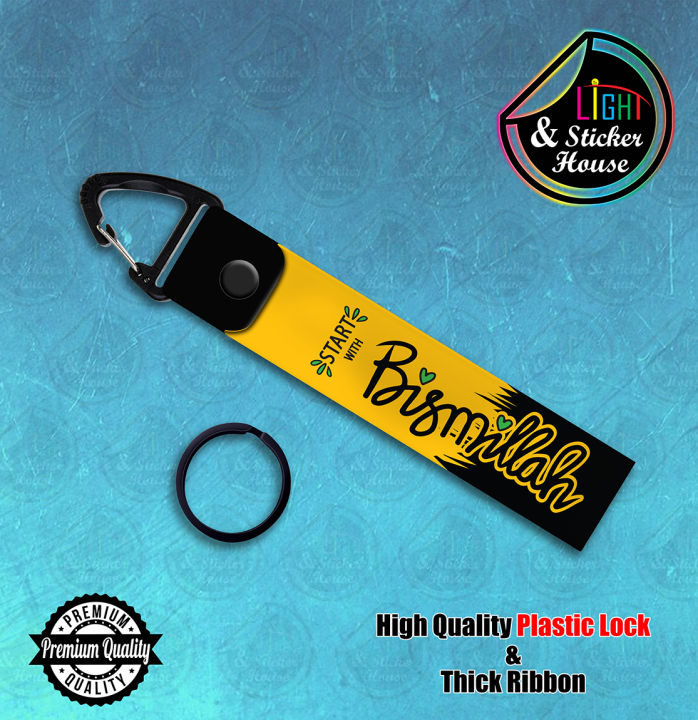 Key ring For Bike user ---- Start With Bismillah_Yellow_Curving ---- Premium Quality & Plastic lock (Attachable to keys for bike, car, bag, home, and office keys)