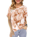 New Women Gradient Tie-dye Printing T-shirt Round Neck Twist Knot Hem Tops Casual Short Sleeve Shirt Blo. 