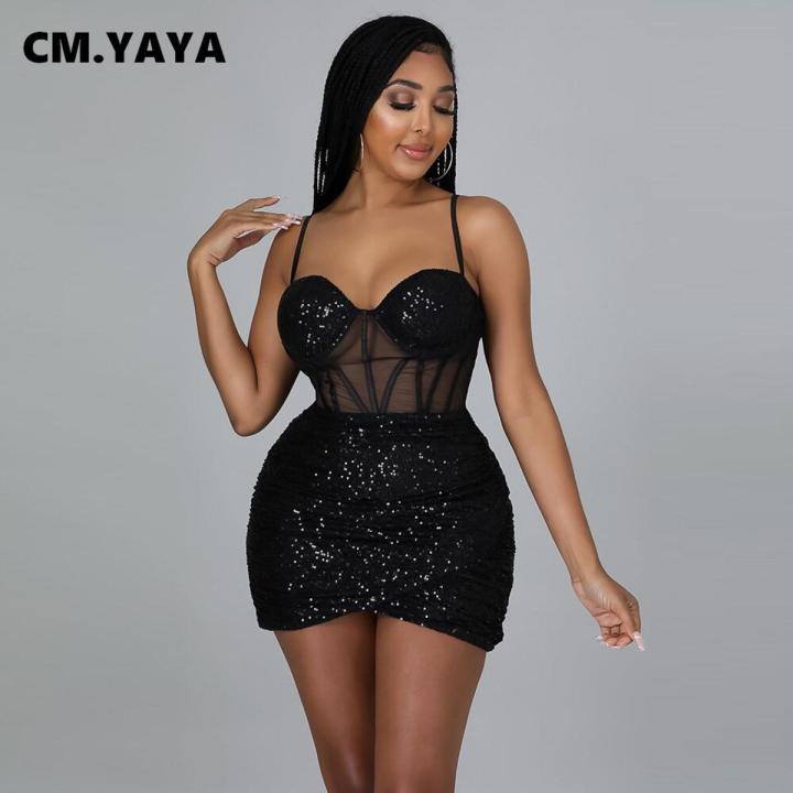 Women Mini Dress Sequins Mesh See-through Strap Bodycon