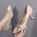 women's shoes Spring/Fall 2022 New medium heel black leather shoes professional high heels stiletto single shoes for women. 