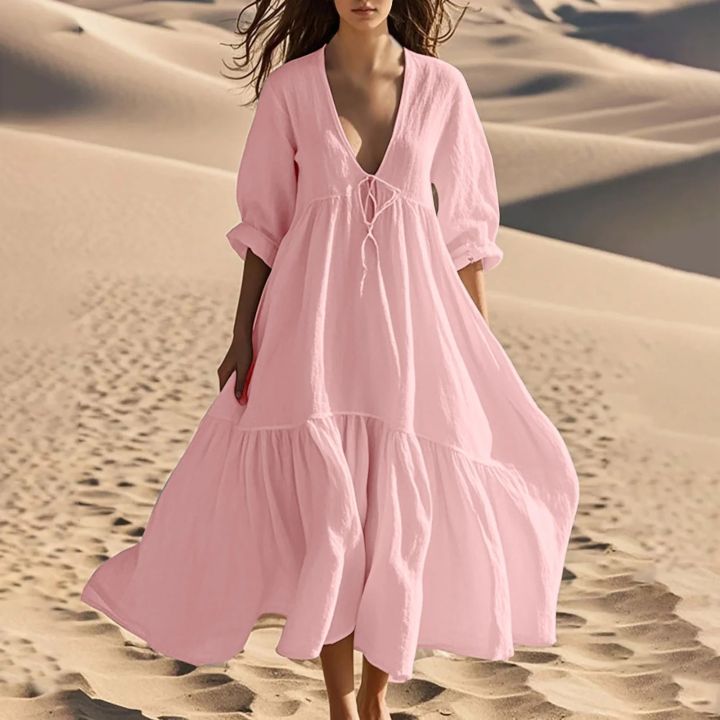 Stylish%20Tiered%20Cotton%20Linen%20Midi%20to%20Maxi%20Tunic%20Dress%20for%20Women%20-%20Image%203