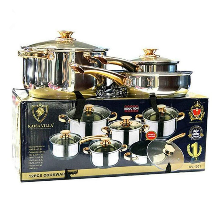 KAISA VILLA KV-1001 STAINLESS STEEL PAN FRYING PAN SOUP POT 12 PIECES PAN KITCHEN TITANIUM COOKWARE