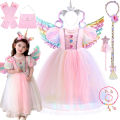 Christmas Halloween Pink Girls Rainbow Unicorn Dress Korean Birthday Elegant Puff Sleeve Princess Gowns Colorful Feather Wings. 