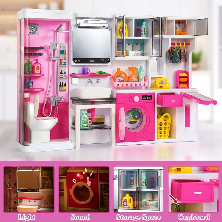 4-in-1 Mini Bathroom Playset with Lights & Sounds, Pink Play Dressing Table Toy Set, Furniture, Bathroom Accessories, Pretend Role Play Toys for Boys Girls