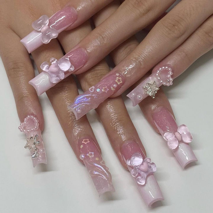24pcs Glitter Long Butterfly Design False Nails French Wearable Nail Tips With Glue Pink Color Press On Nails Women Diy Manicure