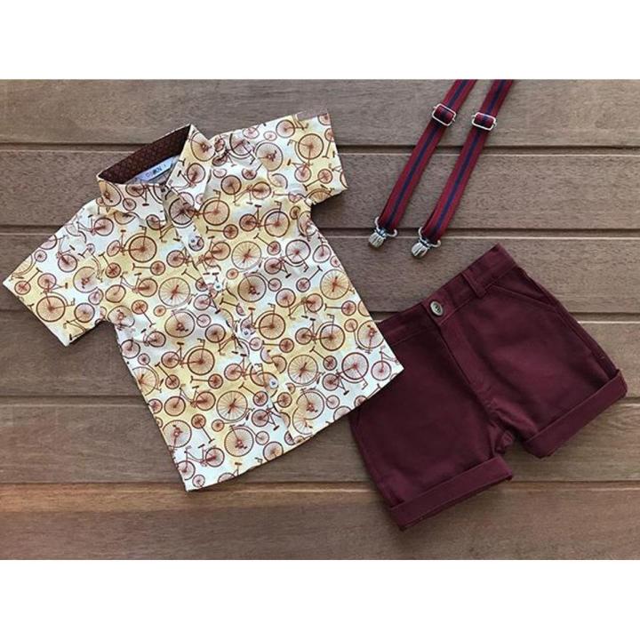 2PCS Summer Beach Wear Toddler Kids Baby Boy Gentleman Suit Bicycle Print Shirt Short Sleeve Tops Short Pants Outfits Set