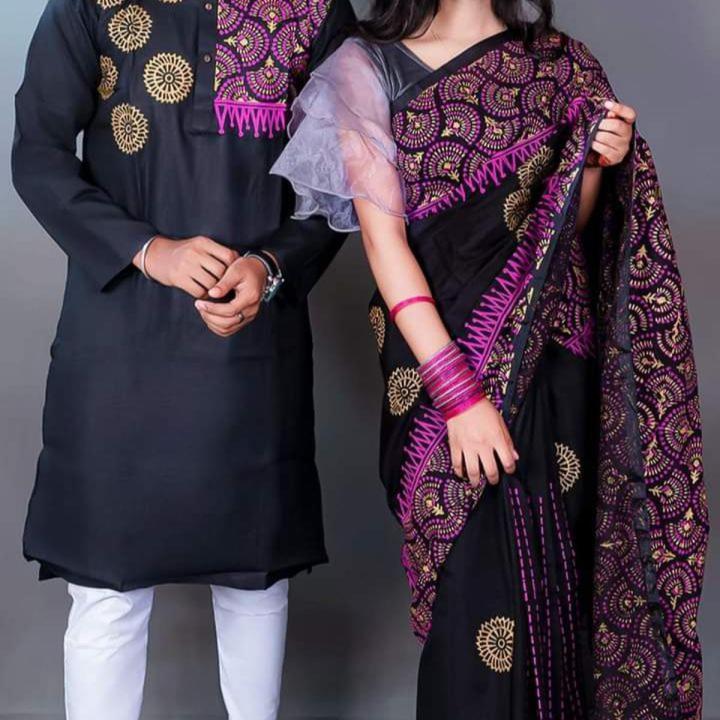Stylish & Fashionable New Matching Best Couple Dress For Men & Women - Saree & Panjabi Combo Set - Elevate Your Style Together