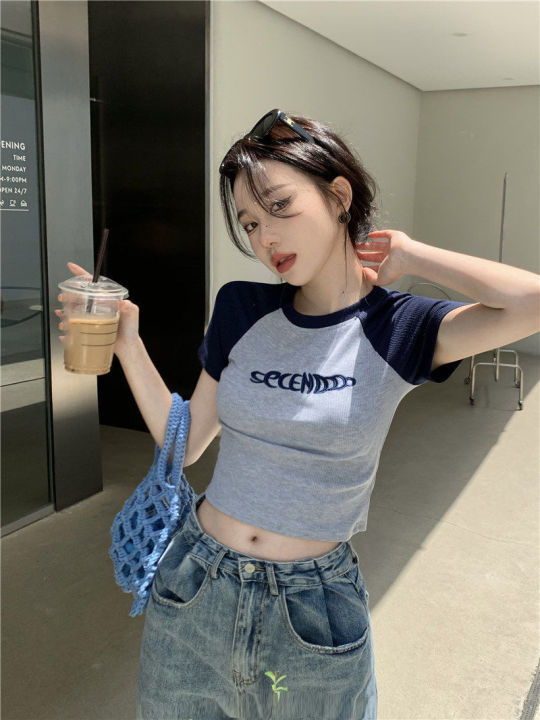 2024%20Summer%20Korean%20Style%20Female%20Streetwear%20Cartoon%20Letter%20Print%20Short%20Tshirt%20Slim%20Elasticity%20O-Neck%20T-Shirt%20Women%20Crop%20Tee%20Tops%20-%20Image%202