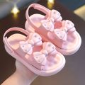 Ready Stoek kids sandal Double Bow Rhinestone sandal girl shoes soft soul Pink & Off White. 