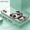 Hontinga for Vivo Y15S Y15A Y01A Y01 Back Cover With Free Strap Luxury 6D Plating Cute Panda Side Pattern Case Soft Silicone Square Mobile Cover.