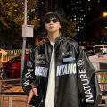 Spring PU Leather Motorcycle Jacket Men High Street Korean Letter Embroidery Bomber Coat Unisex Varsity Jacket Vintage Outwear. 