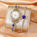 Fashion 2pcs Women's Quartz Watches and Bracelet Matching Stainless Steel Waterproof Diamond Inlaid Ladies Wristwatch Spiral Crown Girl's Needle Buckle Watch. 