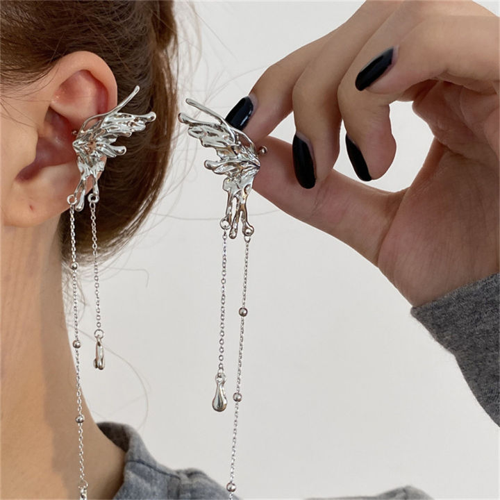 1 Pair /single Angel Wings Earrings Liquid Metal Butterfly Tassel Ear Cuff Non Piercing Earrings Trendy Punk Design Female Long Ear Clip Jewelry