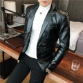 Men Fashion Casual Black White Suit Leather Jacket /Men Solid Color Business Suit Collar PU Blazers Dress Coat. 