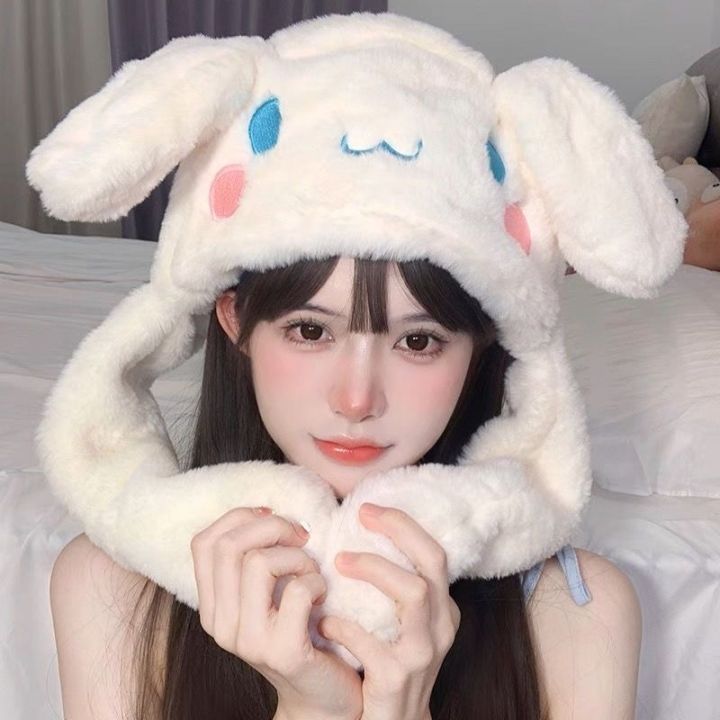 Kawaii Sanrios Hat Cinnamoroll Accessories Cute Plush Hat Keep Warm Bunny Hat Ears Up Plush Toy For Kids Girl Winter Cap