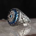 （New）Retro Handmade Turkih ignet Women Ancient Color Carved Ring Inlaid Blue Zircon Party Motor Biker Ring. 