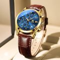 Olevs Elegant Men Fashion Analog Quartz Watch with Brown Leather Strap and Mineral Glass.