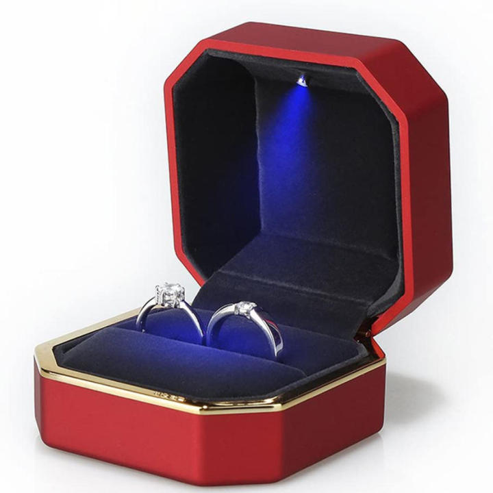Square Velvet Wedding Ring Case Jewelry Gift Box with LED Light for Proposal Engagement Wedding Luxury Ring Box