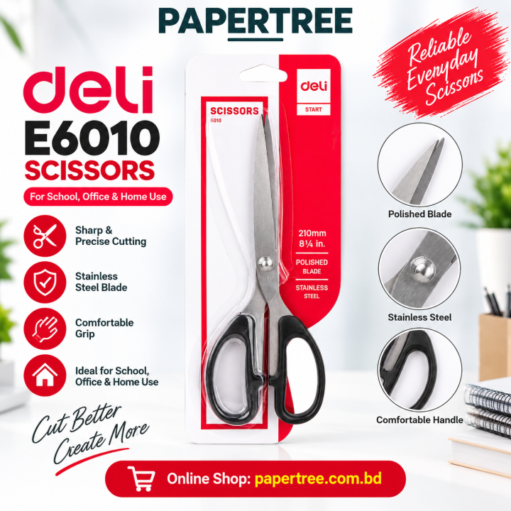Deli E6010 Scissors 210mm for School, Office & Home Use Stainless Steel Sharp Blade